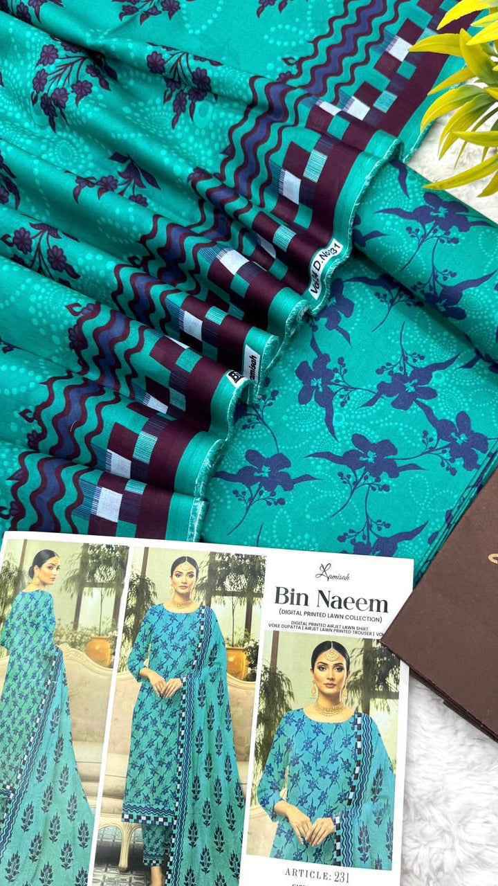 Bin Naeem Premium Lawn 3PC Printed Suit 2026 with Voil Dupatta – Unstitched #002 - Women's Fashion available at Ghar