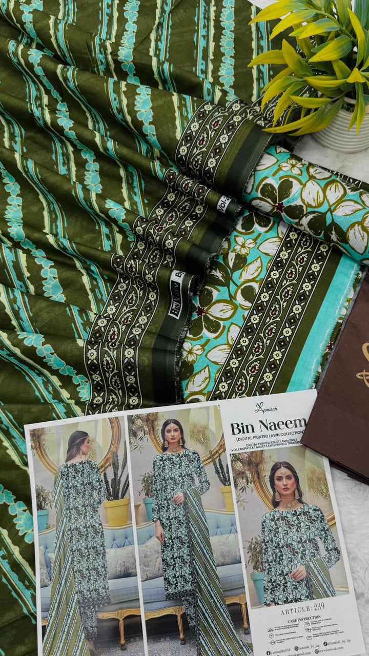 Bin Naeem Premium Lawn 3PC Printed Suit 2026 with Voil Dupatta – Unstitched #003 - Women's Fashion available at Ghar