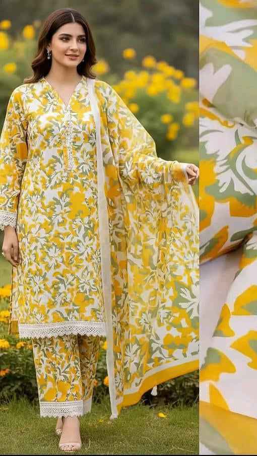 Digital Printed Swiss Lawn 3PC Suit with Chiffon Dupatta – Floral Unstitched #00 - Women's Fashion available at Ghar