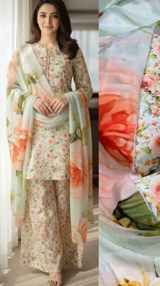Digital Printed Swiss Lawn 3PC Suit with Chiffon Dupatta – Floral Unstitched #00 - Women's Fashion available at Ghar