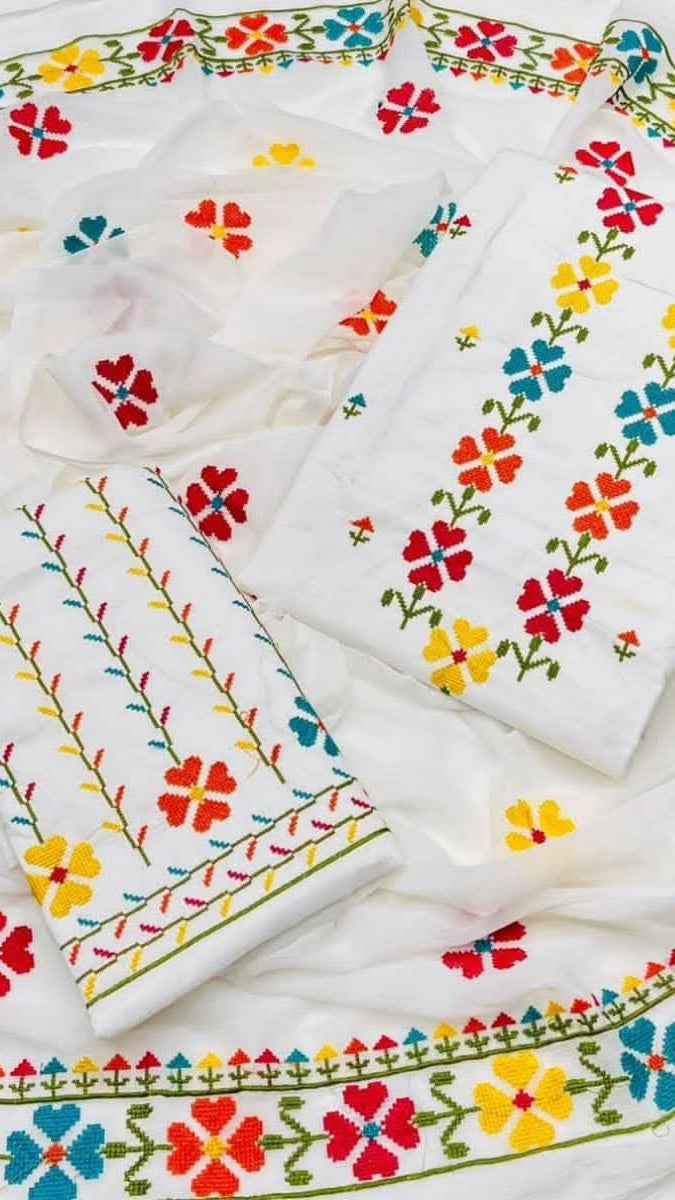Cross Stitch Embroidered Cotton 3PC Suit with Chiffon Dupatta – Unstitched #SH - Women's Fashion available at Ghar Mart