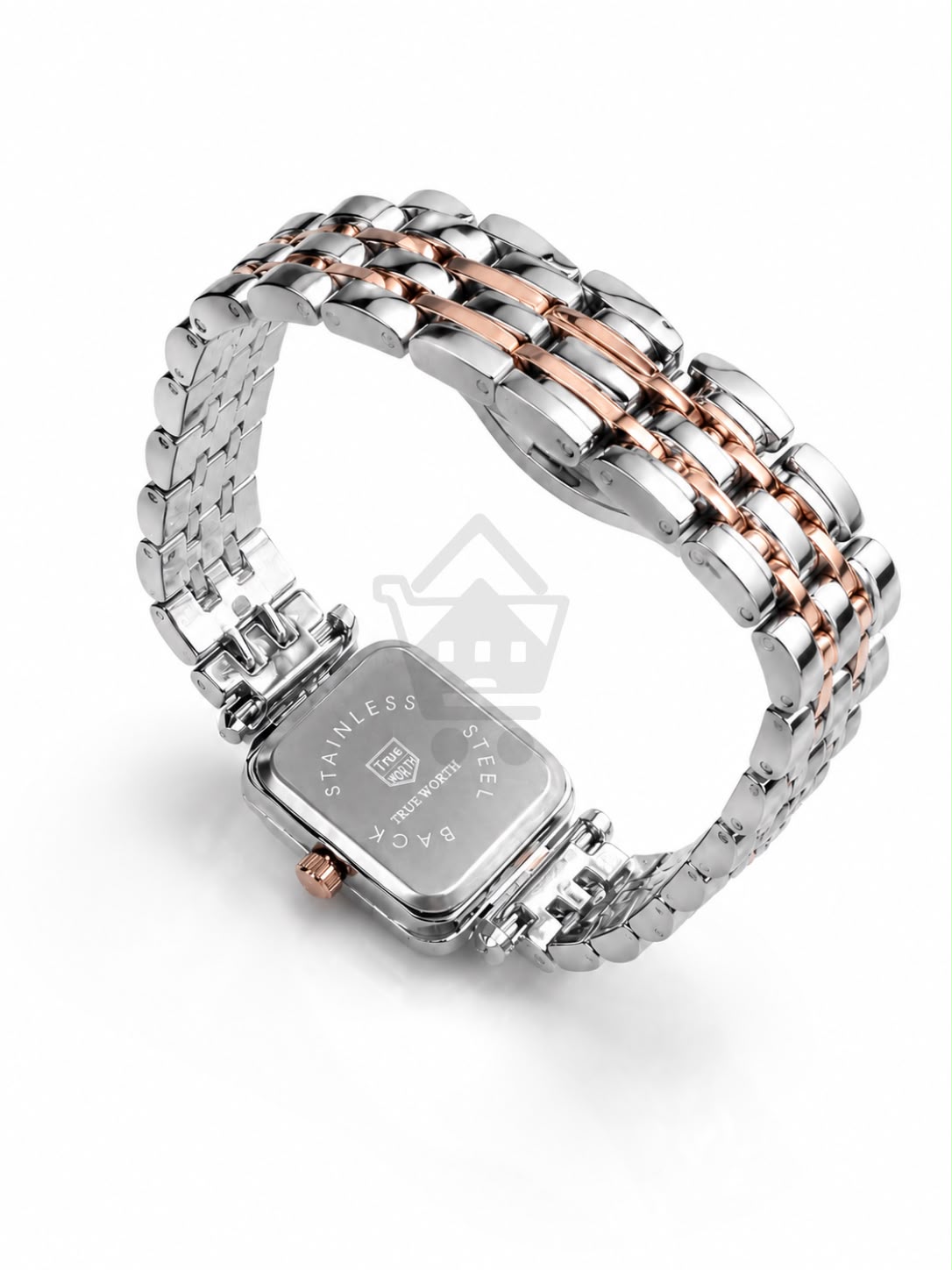 True Worth Women’s Two-Tone Square Watch – Rose Gold & Silver Bracelet with Black Dial