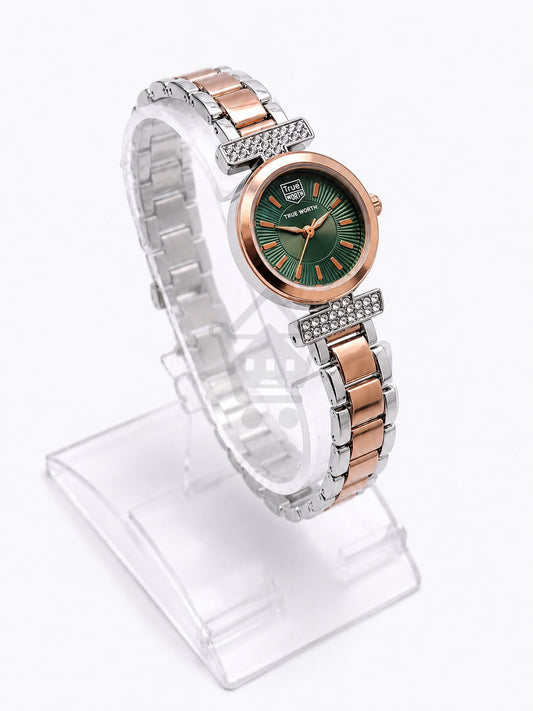 True Worth Women’s Two-Tone Bracelet Watch – Green Dial, Rose Gold Case & Crystal Details