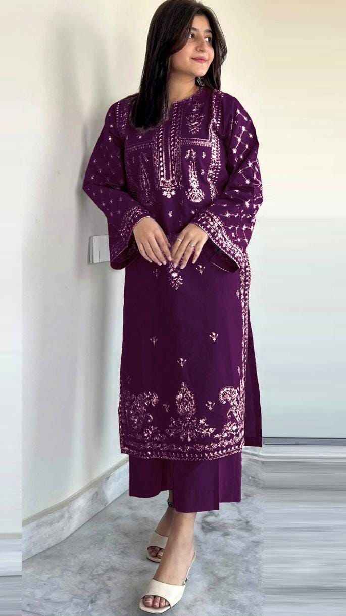 Ghar Mart Plum Embroidered Unstitched 2 Piece Lawn Suit for Women – Premium Pakistani Lawn Collection #0001