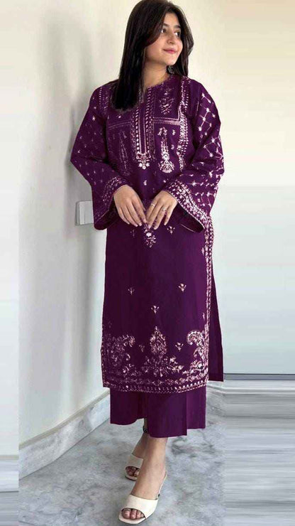 Ghar Mart Plum Embroidered Unstitched 2 Piece Lawn Suit for Women – Premium Pakistani Lawn Collection #0001