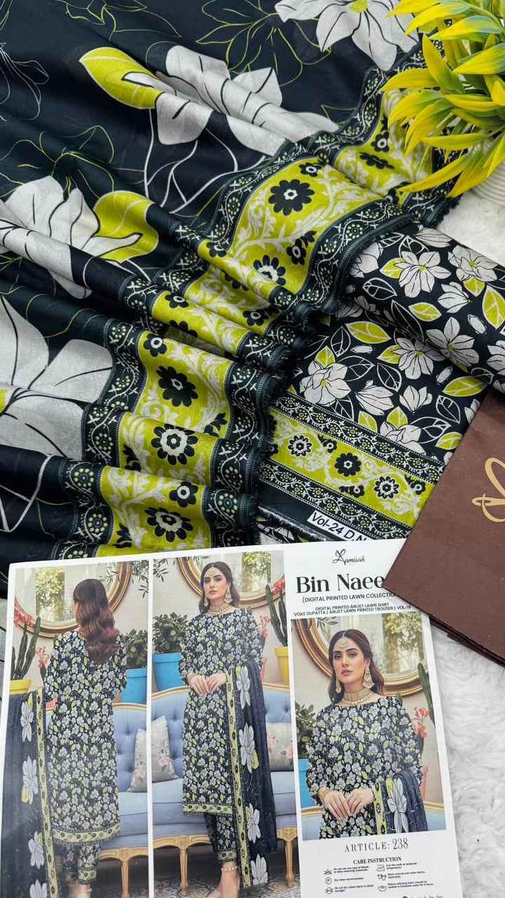 Bin Naeem Premium Lawn 3PC Printed Suit 2026 with Voil Dupatta – Unstitched #002 - Women's Fashion available at Ghar