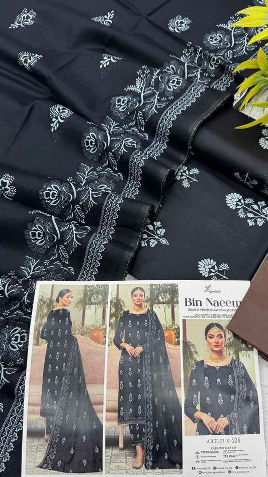 Bin Naeem Premium Lawn 3PC Printed Suit 2026 with Voil Dupatta – Unstitched #002 - Women's Fashion available at Ghar