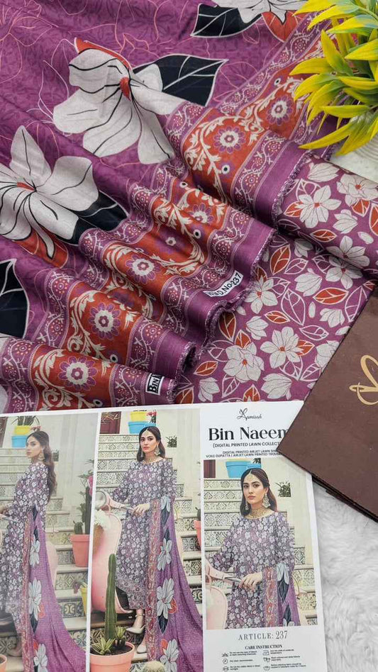 Bin Naeem Premium Lawn 3PC Printed Suit 2026 with Voil Dupatta – Unstitched #002 - Women's Fashion available at Ghar