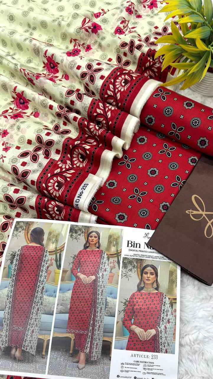 Bin Naeem Premium Lawn 3PC Printed Suit 2026 with Voil Dupatta – Unstitched #002 - Women's Fashion available at Ghar