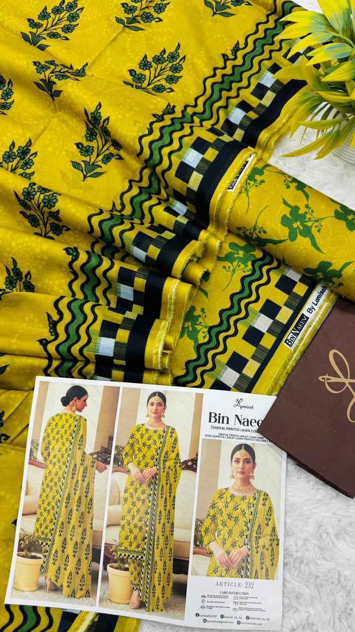 Bin Naeem Premium Lawn 3PC Printed Suit 2026 with Voil Dupatta – Unstitched #002 - Women's Fashion available at Ghar
