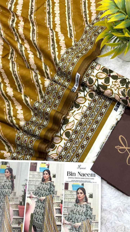 Bin Naeem Premium Lawn 3PC Printed Suit 2026 with Voil Dupatta – Unstitched #002 - Women's Fashion available at Ghar