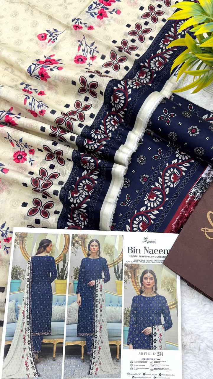 Bin Naeem Premium Lawn 3PC Printed Suit 2026 with Voil Dupatta – Unstitched #002 - Women's Fashion available at Ghar