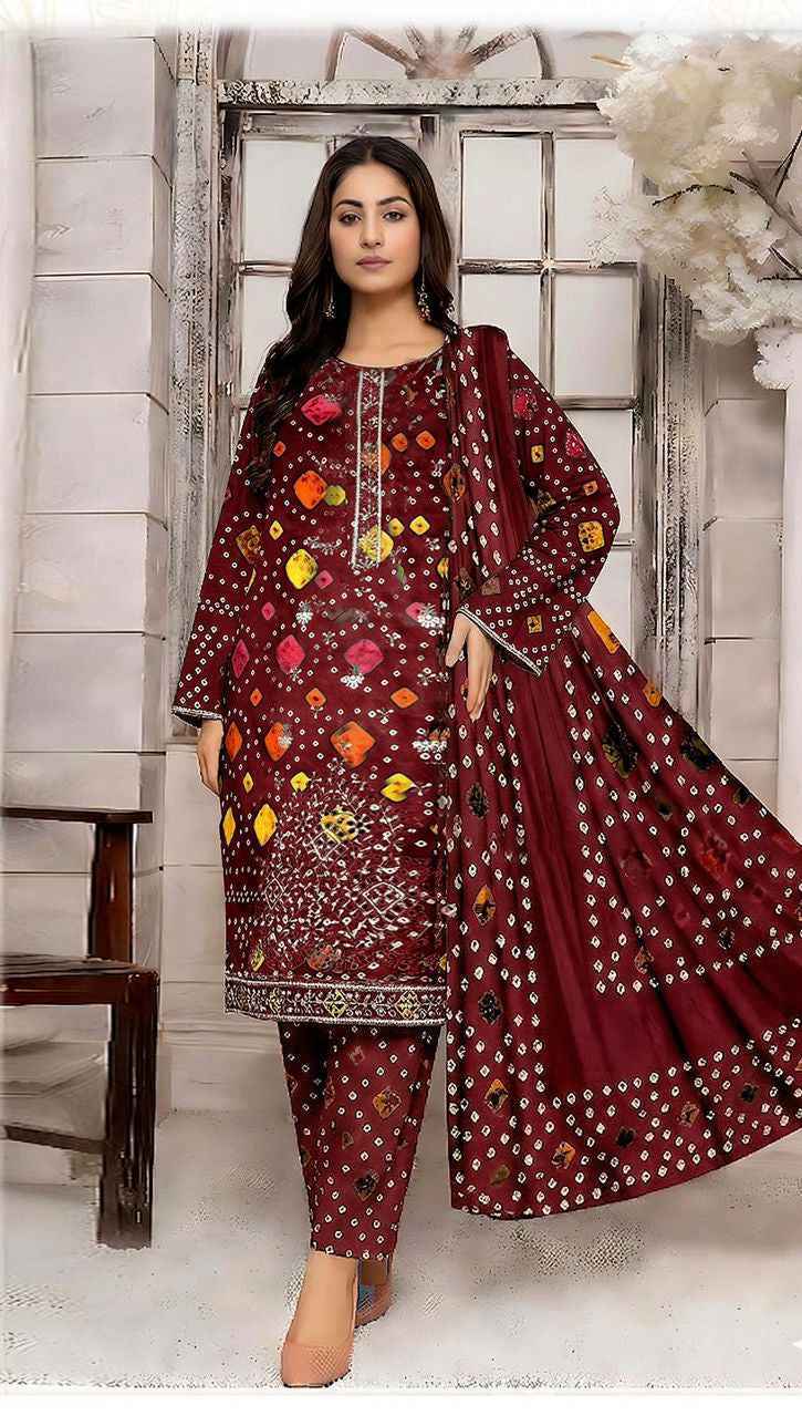 Sapphire Lawn Embroidered 3PC Suit with Chiffon Dupatta – Unstitched #0006 - Women's Fashion available at Ghar Mart