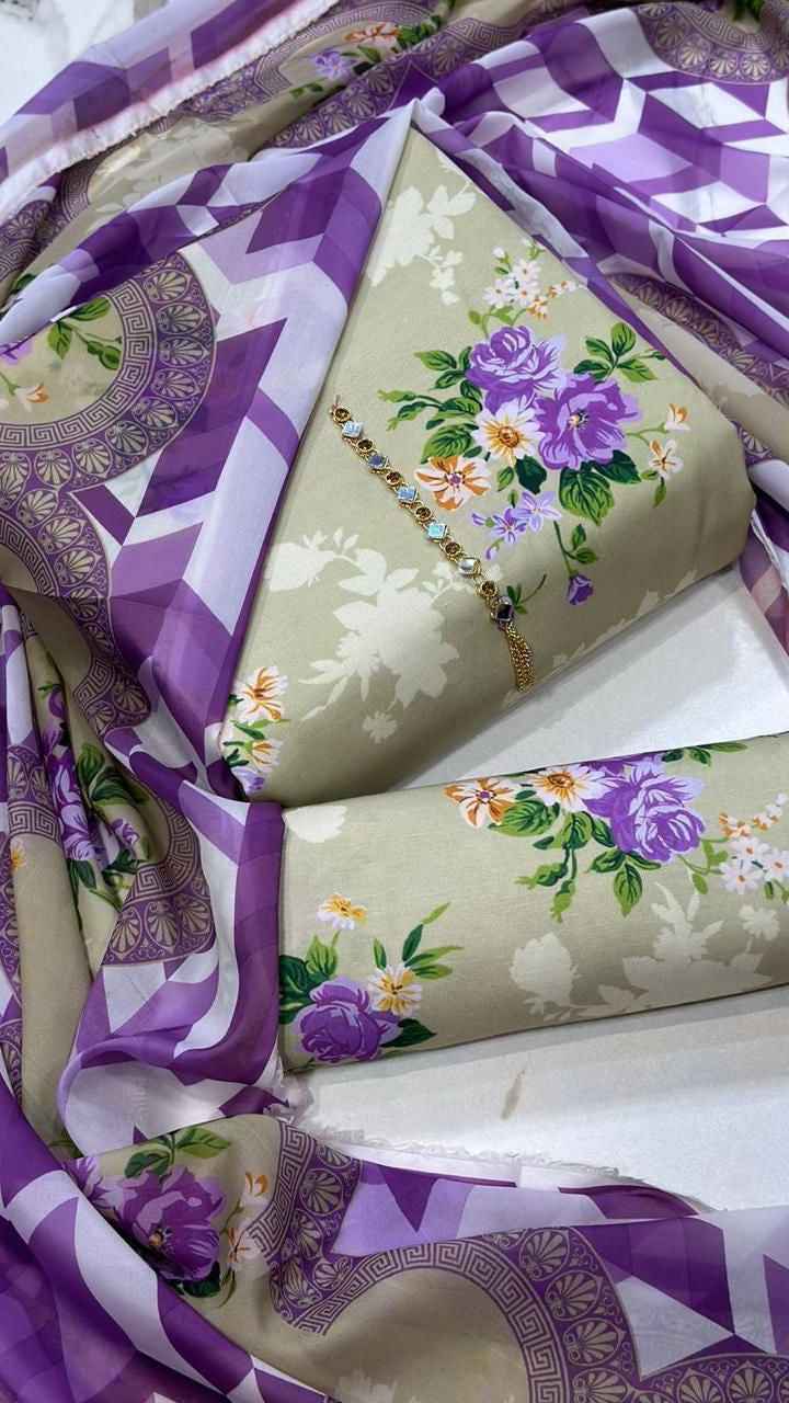 Digital Printed Swiss Lawn 3PC Suit with Chiffon Dupatta – Floral Unstitched #00 - Women's Fashion available at Ghar