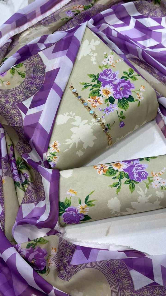 Digital Printed Swiss Lawn 3PC Suit with Chiffon Dupatta – Floral Unstitched #00 - Women's Fashion available at Ghar