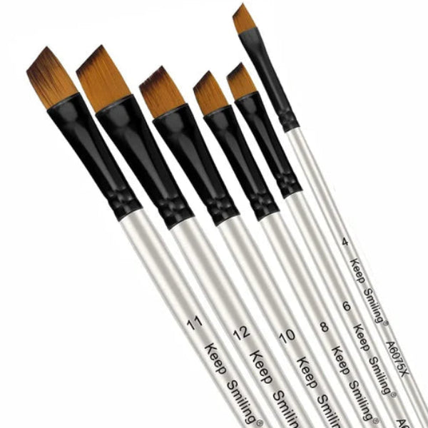 
Here are options for the alt text for this image, highlighting the specific "angular" or "cut" shape of these brushes:

Option 1: Detailed & SEO-Friendly (Recommended)
A pack of 6 Keep Smiling (model A6075X) angular shader paintbrushes arranged diagonally against a white background. The brushes feature slanted, angle-cut golden synthetic nylon bristles with dark tips, black ferrules, and white handles printed with sizes 4, 6, 8, 10, 11, and 12.

Option 2: Short & Concise
Six Keep Smiling angular paintbrush