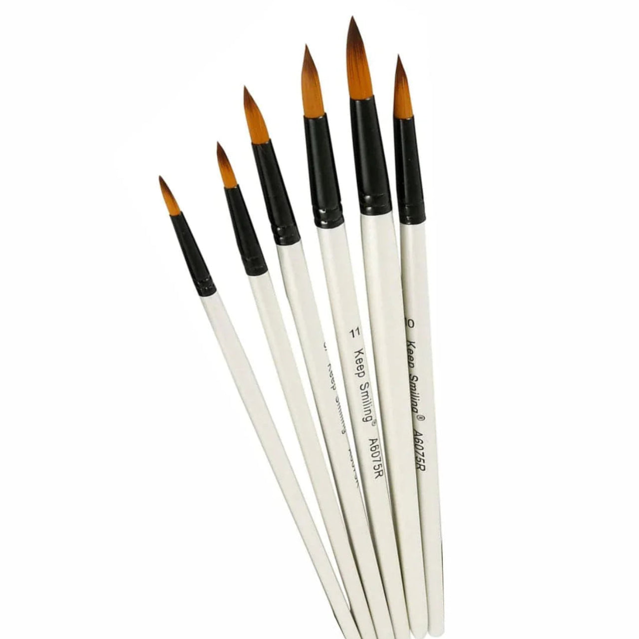 
Here are a few options for the alt text, depending on how detailed you want it to be for your website or e-commerce store:

Option 1: Detailed & SEO-Friendly (Recommended for E-commerce)
A pack of 6 Keep Smiling (model A6075R) round paintbrushes arranged in a fan shape against a white background. The brushes feature pointed synthetic golden nylon bristles, black ferrules, and white wooden handles labeled with individual size numbers.

Option 2: Short & Concise (Standard Web Accessibility)
Six Keep Smiling 