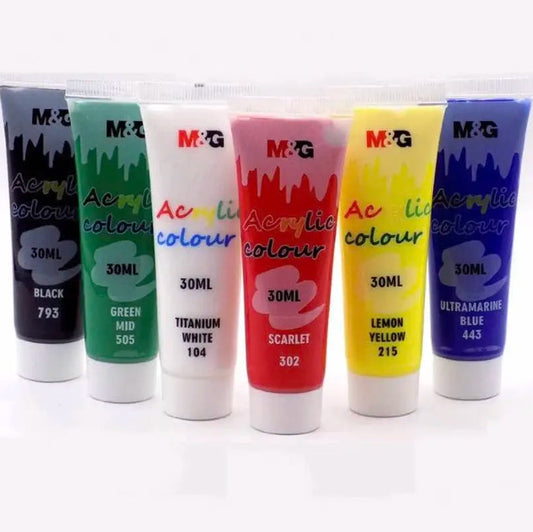 A pack of six M&G Acrylic Colour paint tubes, each containing 30ml, arranged in a slightly curved line against a plain white background. The tubes are clear, showing the vibrant paint colors inside, and feature a "dripping paint" graphic at the top of each label.

From left to right, the colors and their corresponding codes are: