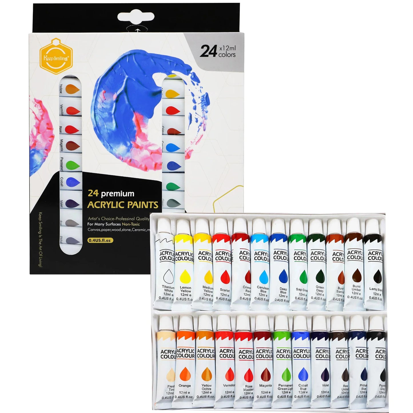 Keep Smiling Premium Acrylic Paint Set – 12 Vibrant Colors (12ml Tubes) with Art - Acrylic Color available at Ghar Mart