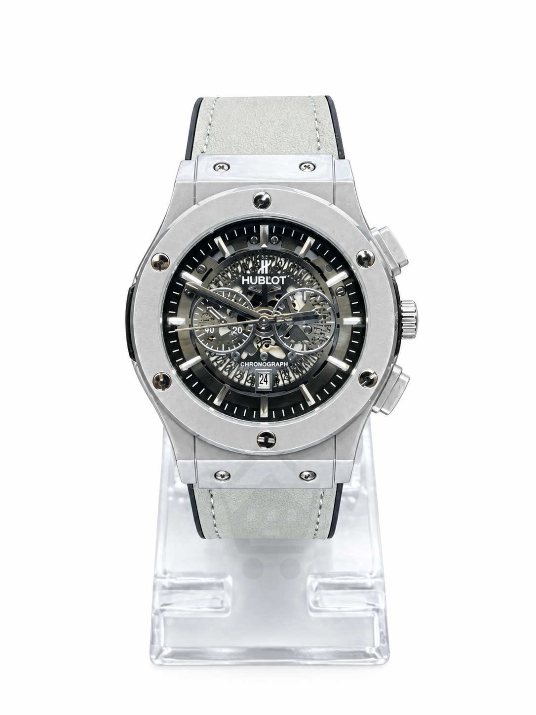 Men's silver skeleton chronograph watch with white leather strap