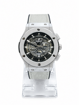 Men's silver skeleton chronograph watch with white leather strap