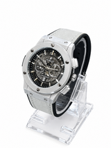 Men's silver skeleton chronograph watch with white leather strap