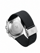 Men's silver skeleton chronograph watch with black leather-style strap, black open-style dial and silver-tone case