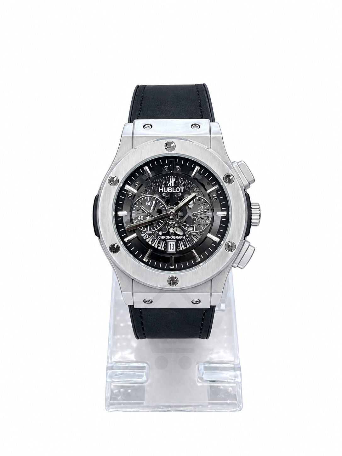 Men's silver skeleton chronograph watch with black leather-style strap, black open-style dial and silver-tone case