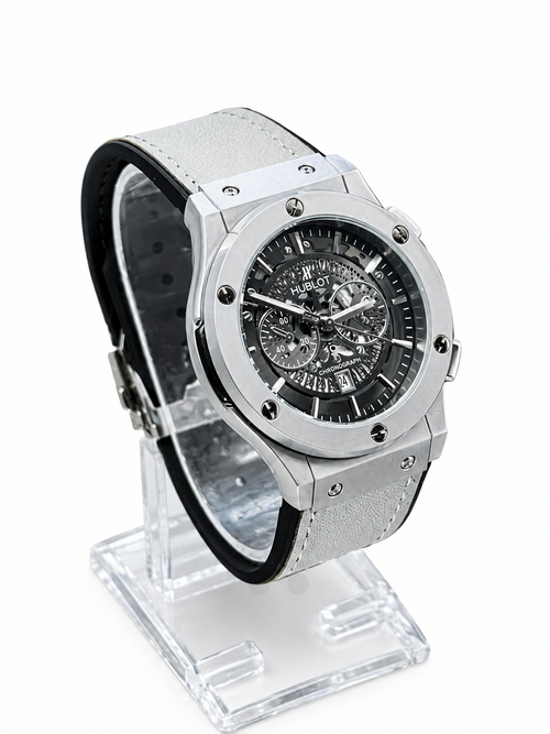 Men's silver skeleton chronograph watch with white leather strap