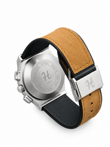 Men's silver skeleton chronograph watch with Light brown leather-style strap, black open-style dial and silver-tone case