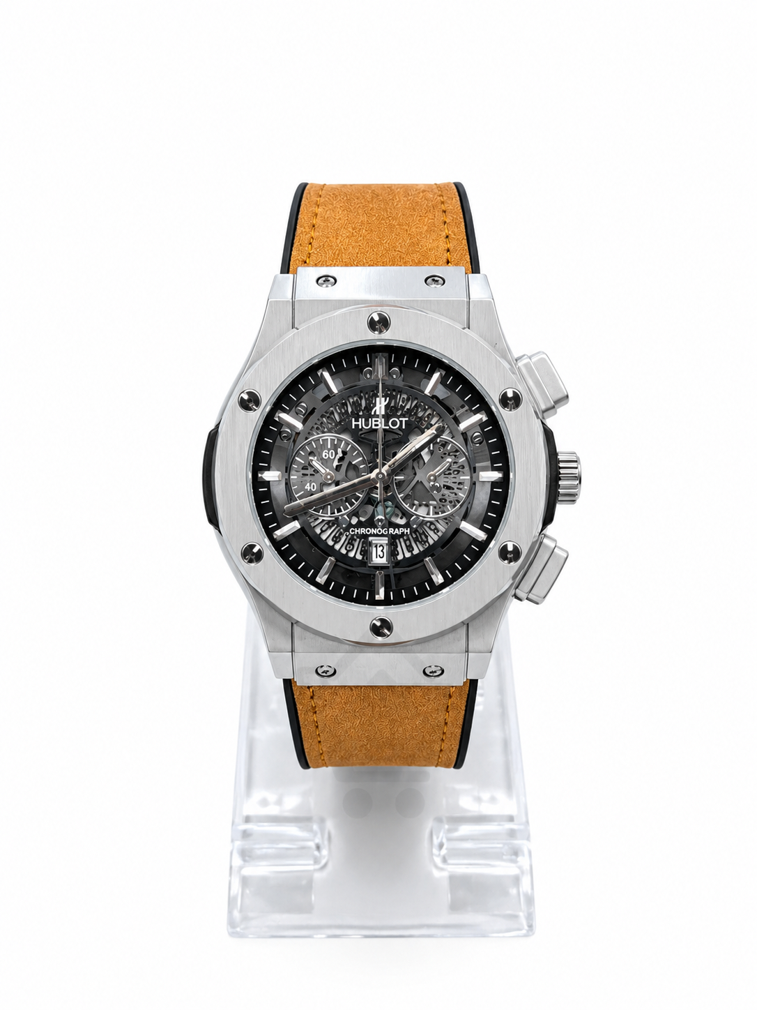 Men's silver skeleton chronograph watch with Light brown leather-style strap, black open-style dial and silver-tone case