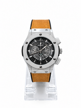 Men's silver skeleton chronograph watch with Light brown leather-style strap, black open-style dial and silver-tone case