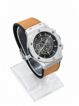 Men's silver skeleton chronograph watch with Light brown leather-style strap, black open-style dial and silver-tone case