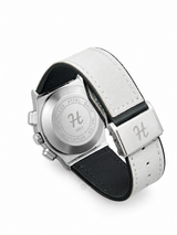 Men's silver skeleton chronograph watch with white leather strap