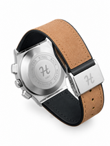 Men's silver skeleton chronograph watch with brown leather strap