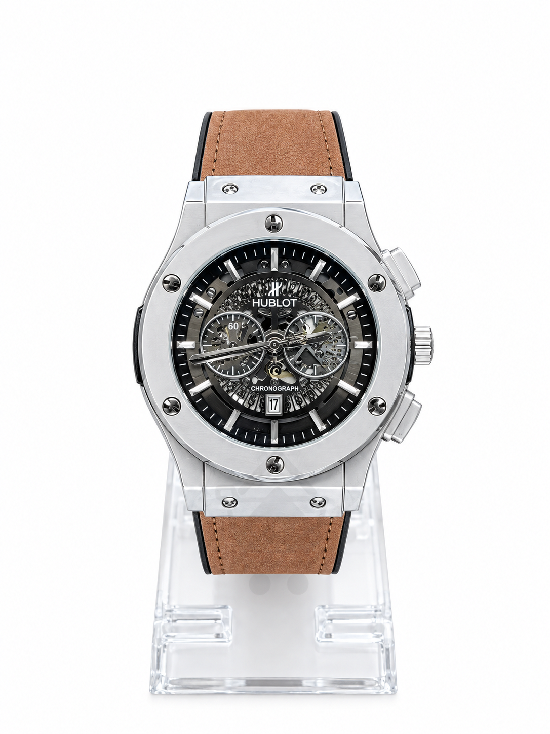 Men's silver skeleton chronograph watch with brown leather strap