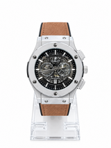 Men's silver skeleton chronograph watch with brown leather strap