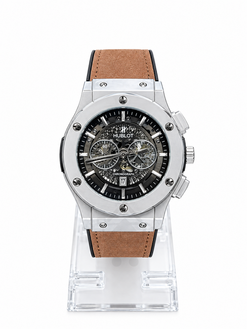 Men's silver skeleton chronograph watch with brown leather strap