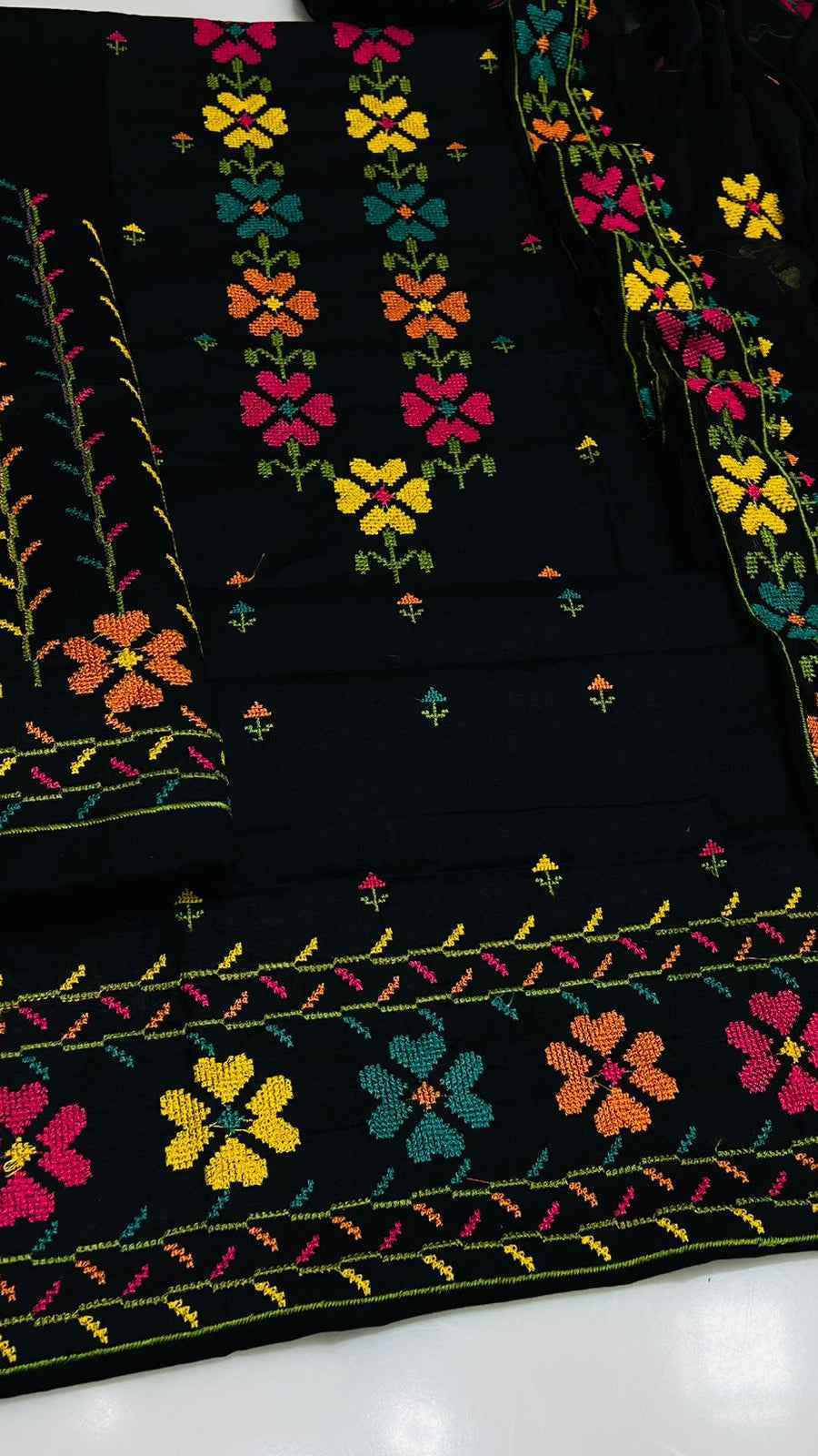 Cross Stitch Embroidered Cotton 3PC Suit with Chiffon Dupatta – Unstitched #SH - Women's Fashion available at Ghar Mart