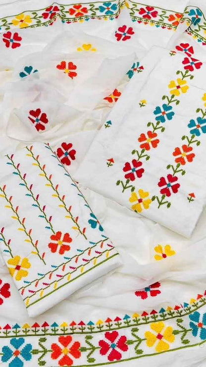 Cross Stitch Embroidered Cotton 3PC Suit with Chiffon Dupatta – Unstitched #SH - Women's Fashion available at Ghar Mart
