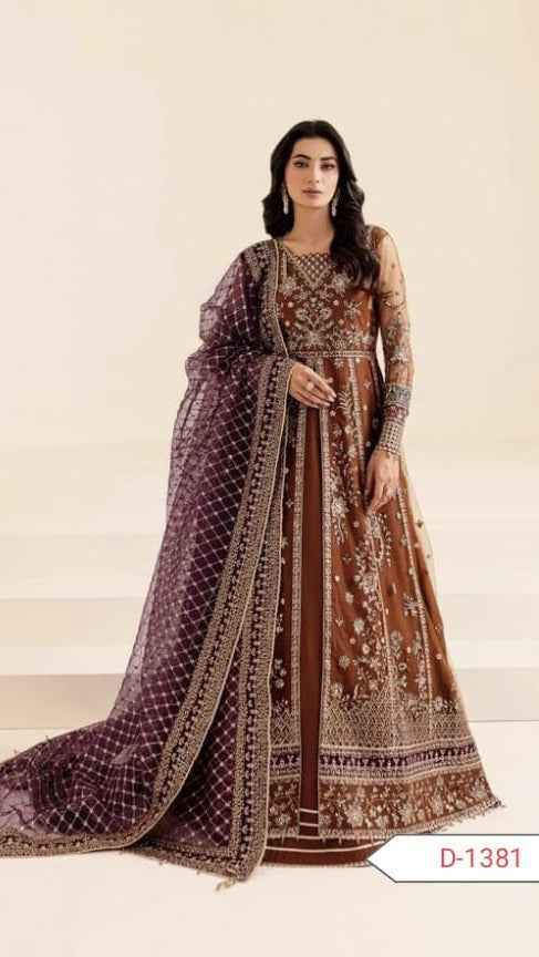 Farasha D-1381 Heavy Embroidered Net Frock with Shamose Silk Trouser & Net Dupat - Men's Fashion available at Ghar Mart