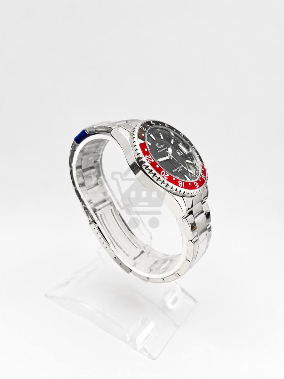 Junos Men’s Stainless Steel GMT Watch – Black Dial, Red & Black Bezel with Date Display