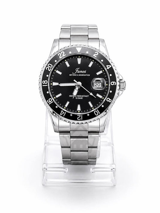 Junos Men’s Luxury Stainless Steel GMT Watch – Black Dial, Date Display & Water Resistant Design