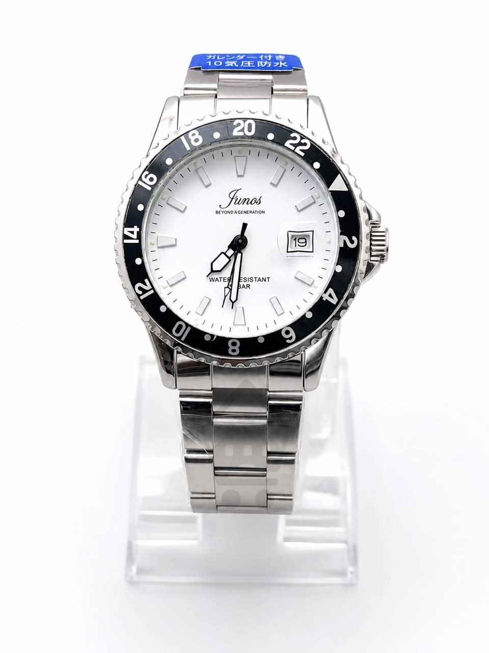 Junos Men’s Stainless Steel Watch – White Dial, Black Bezel & Date Display