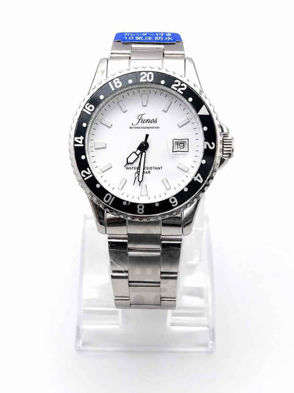 Junos Men’s Stainless Steel Watch – White Dial, Black Bezel & Date Display