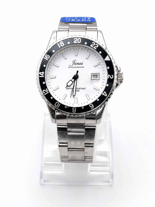 Junos Men’s Stainless Steel Watch – White Dial, Black Bezel & Date Display