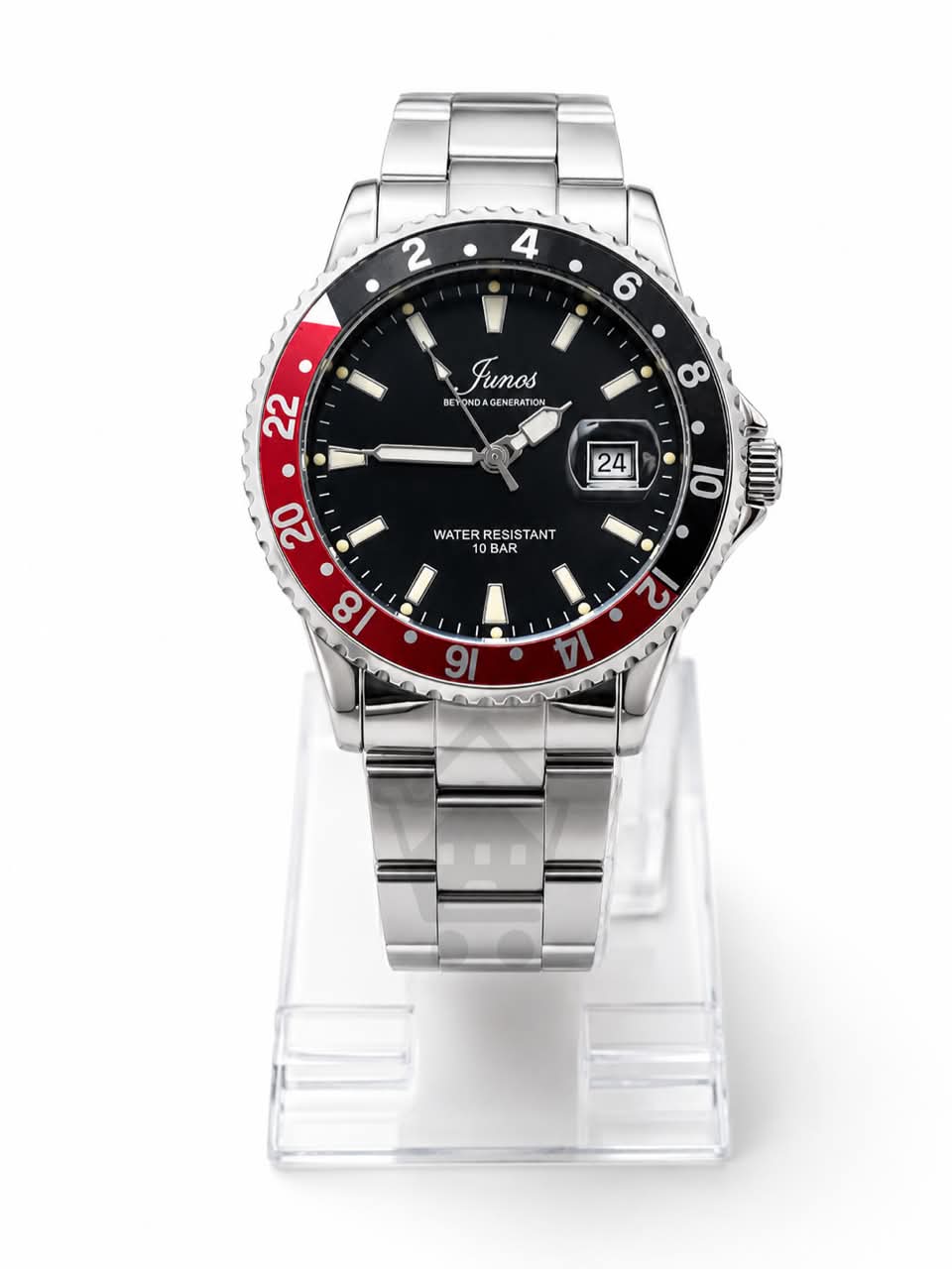 Junos Men’s Stainless Steel GMT Watch – Black Dial, Red & Black Bezel with Date Display