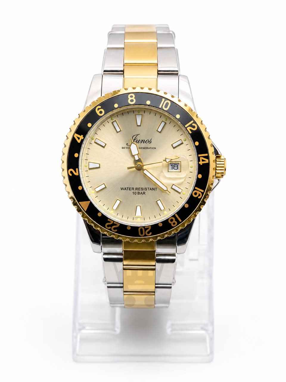 Junos Men’s Two-Tone Stainless Steel Watch – Gold Dial, Black Bezel & Date Display