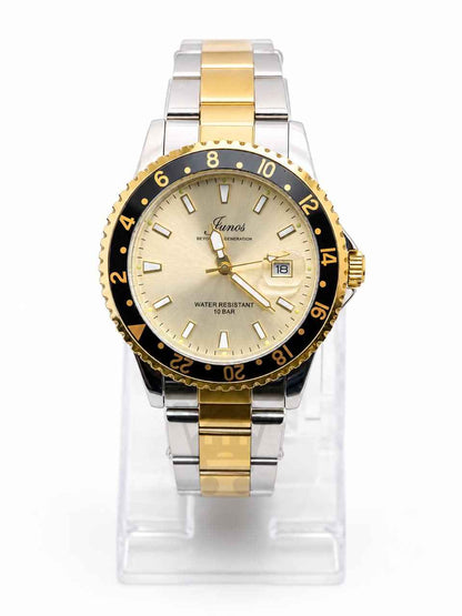 Junos Men’s Two-Tone Stainless Steel Watch – Gold Dial, Black Bezel & Date Display