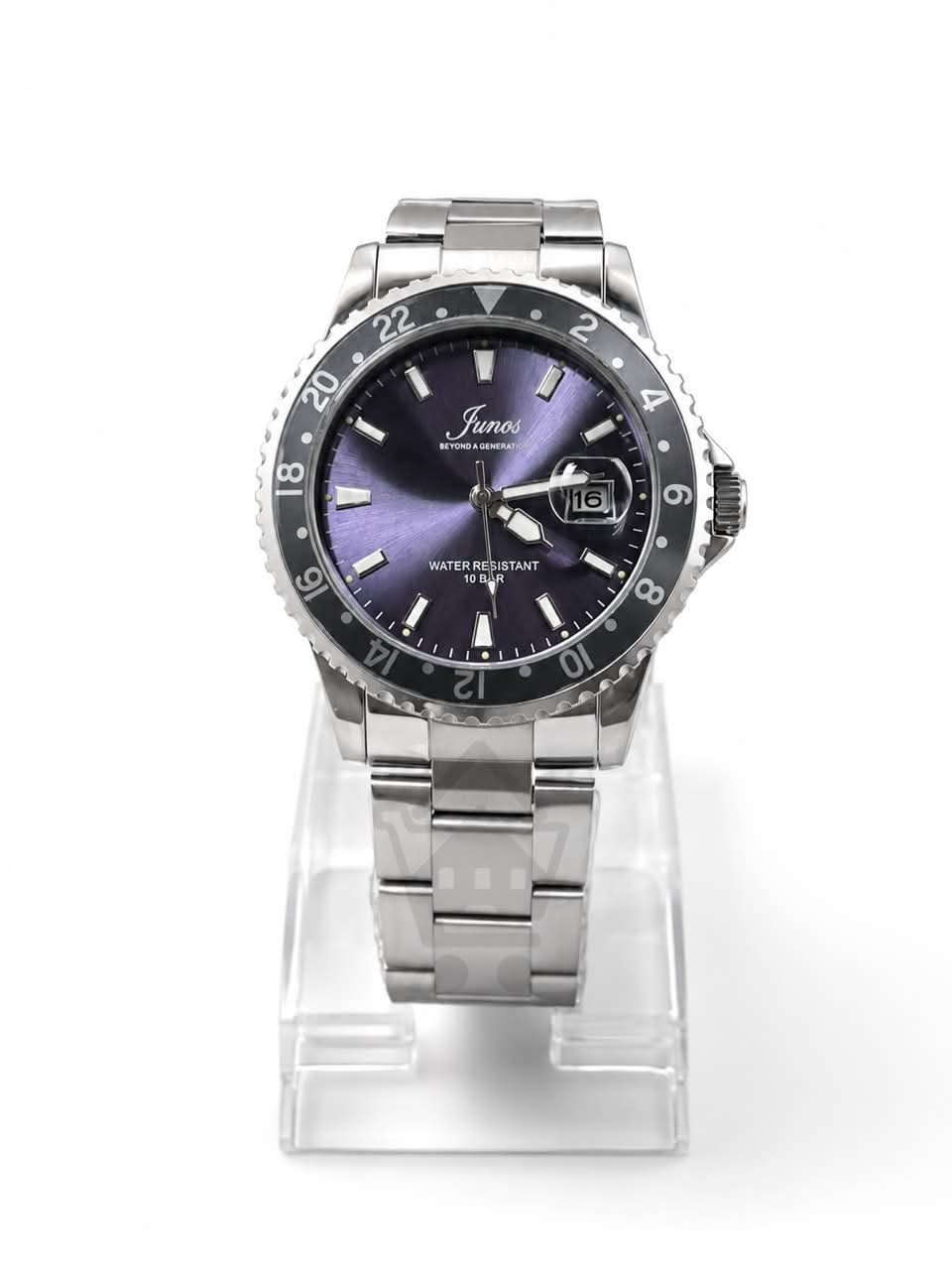 Junos Men’s Stainless Steel GMT Watch – Purple Dial, Black Bezel & Date Display